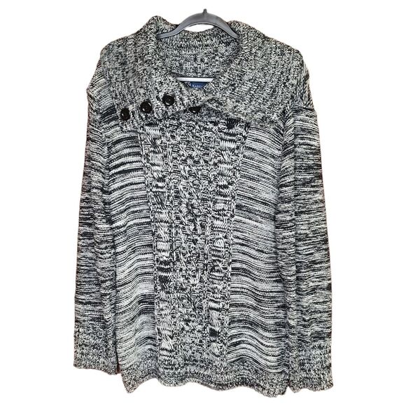 NEW Karen Scott XL Cable Knit Pullover Black Marble Sweater Button Drape Collar - Picture 2 of 10